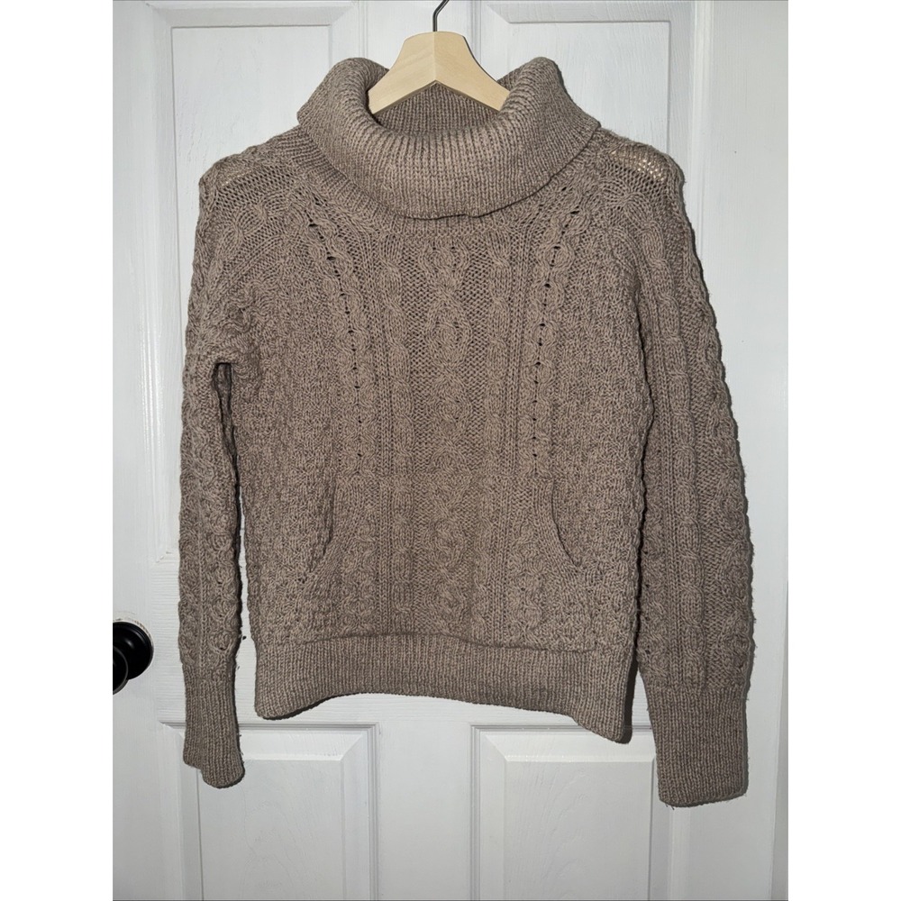 Aran Sweater Market Ireland 100% Merino Wool Tan Sweater S Cowl Neck Cable Knit